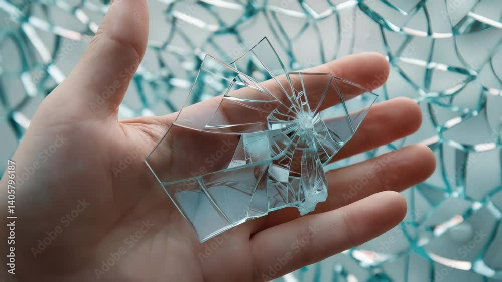 Hand carefully presenting angular glass fragment with intricate shattered surface, revealing broken texture and sharp fragmented edges against clean background