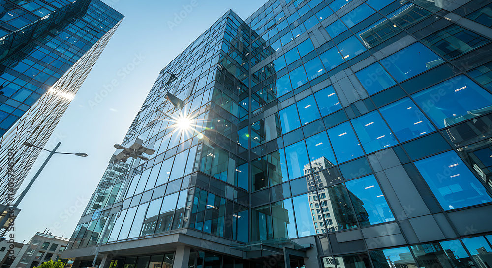 Fototapeta premium Sunlit Metropolis: Glass Towers & City Reflections AI Generated