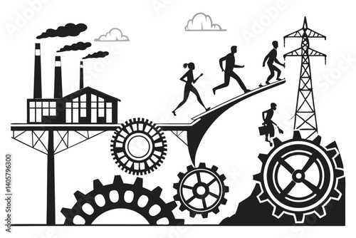 1 Black and white illustration, silhouettes of people running, bridge made of gears, gap between cliffs, metaphor for teamwork, surreal landscape, minimalist design, conceptual art, industrial element