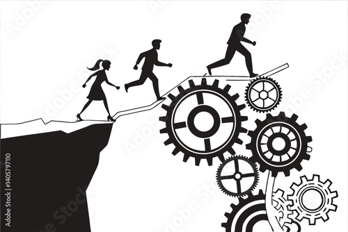 1 Black and white illustration, silhouettes of people running, bridge made of gears, gap between cliffs, metaphor for teamwork, surreal landscape, minimalist design, conceptual art, industrial element