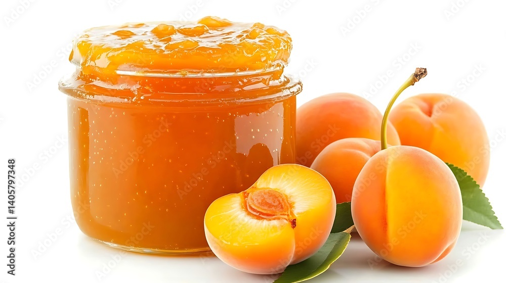 Apricot Jam in Glass Jar and Whole Fruits with Green Leaves on White Background Apricot Jam in Glass Jar and Whole Fruits with Green Leaves on White Background