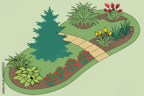 2 Aerial view, vibrant garden border, colorful flower bed, lush green lawn, diverse plant textures, blue spruce, succulents, ornamental grasses, red flowers, yellow blooms, curving mulch path, landsca