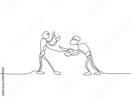 One line drawing of a knife attack scene, showing a violent confrontation between two figures. Minimalist hand-drawn continuous line art. Vector illustration, Editable stroke
