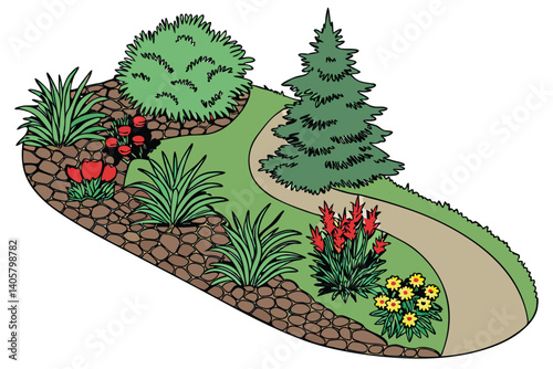 2 Aerial view, vibrant garden border, colorful flower bed, lush green lawn, diverse plant textures, blue spruce, succulents, ornamental grasses, red flowers, yellow blooms, curving mulch path, landsca