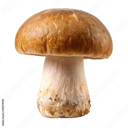 Fresh whole porcini mushroom with smooth cap and textured stem, isolated on Transparent Background, perfect for culinary use.