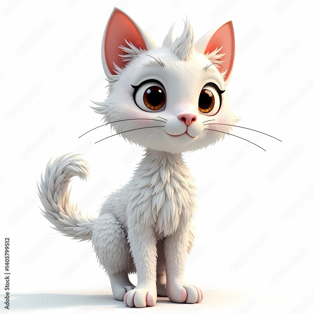 Obraz premium A cartoon style white cat with big brown eyes sitting on a white background looking forward
