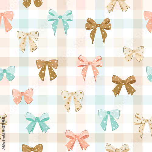 wedding bow seamless pattern with beige, peach bows and silk ribbons. symbol of the fight against breast cancer, femininity, happy birthday pattern, party, celebration, gift, repeat, printable check 