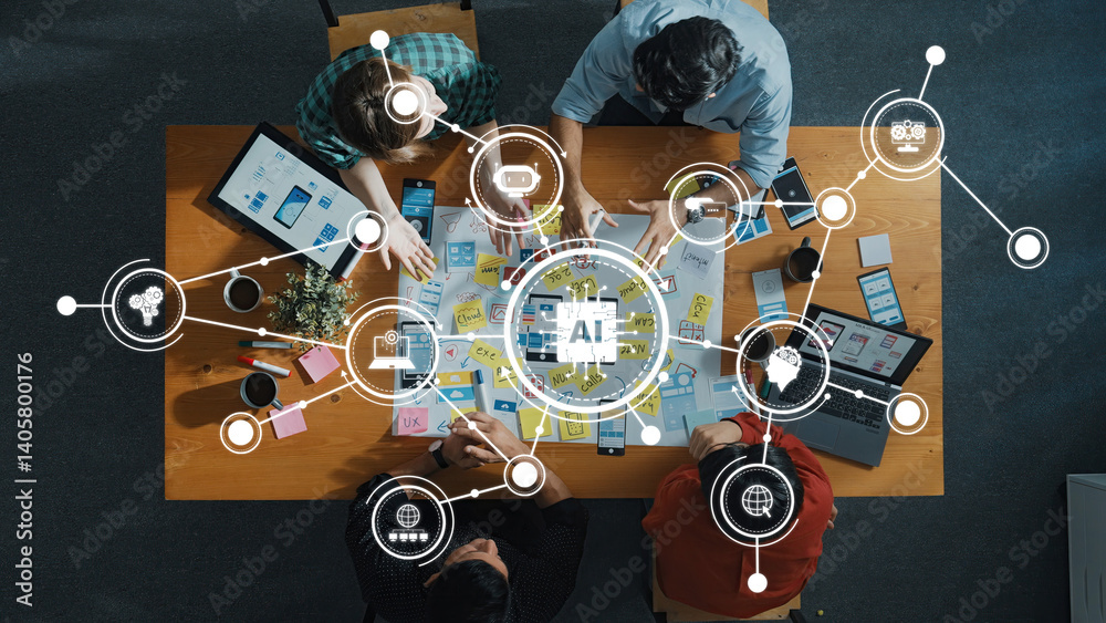 A top-down view of a collaborative team working on AI technology development with digital tools on a wooden table, showcasing creativity and innovation in professional settings. Amity