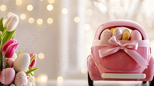Pink Toy Car Filled With Colorful Easter Eggs Next To A Bouquet Of Tulips On A Celebratory Table