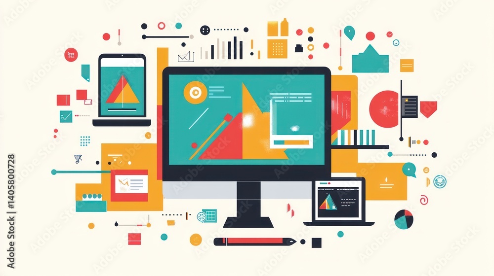 Modern data analysis workflow, illustrated with devices and charts Modern data analysis workflow, illustrated with devices and charts
