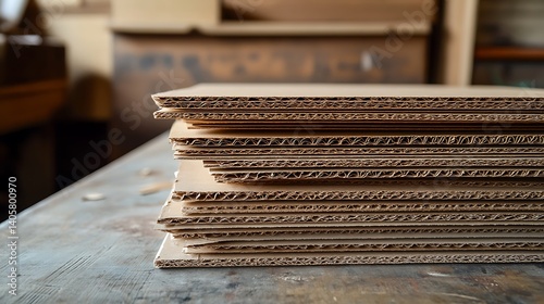 Closeup Stacked Corrugated Cardboard Sheets on Grey Wooden Surface in Warehouse