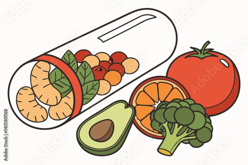 3 Transparent pill capsule, Fresh vegetables and fruits, Healthy nutrition concept, Dietary supplement visualization, Realistic food illustration, Vibrant colors, Green apple, Red tomato, Broccoli, Gi