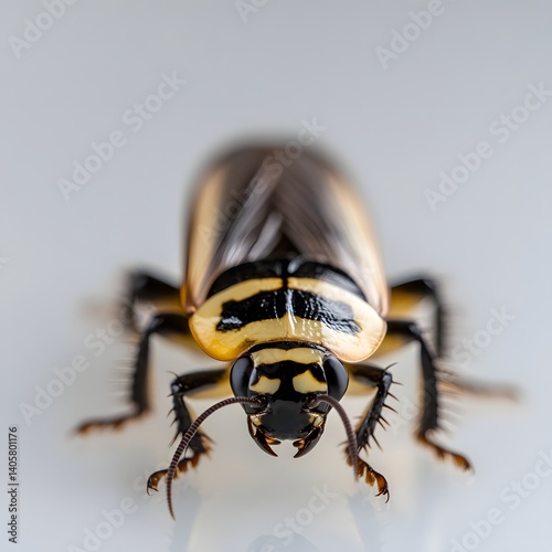 Extreme Close-Up of a Yellow and Black Beetle In Natural Habitat with Reflective Surface