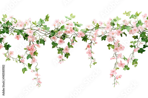 Pink flowers and green leaves cascade gracefully against a transparent background, creating a floral border