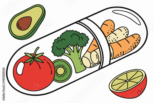 3 Transparent pill capsule, Fresh vegetables and fruits, Healthy nutrition concept, Dietary supplement visualization, Realistic food illustration, Vibrant colors, Green apple, Red tomato, Broccoli, Gi