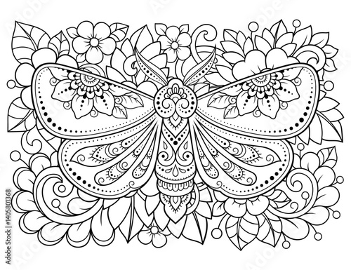 Moth decorated with Indian ethnic floral vintage pattern. Hand drawn decorative insect in doodle style. Stylized mehndi ornament for tattoo, print, design for room, cover, book and coloring page.