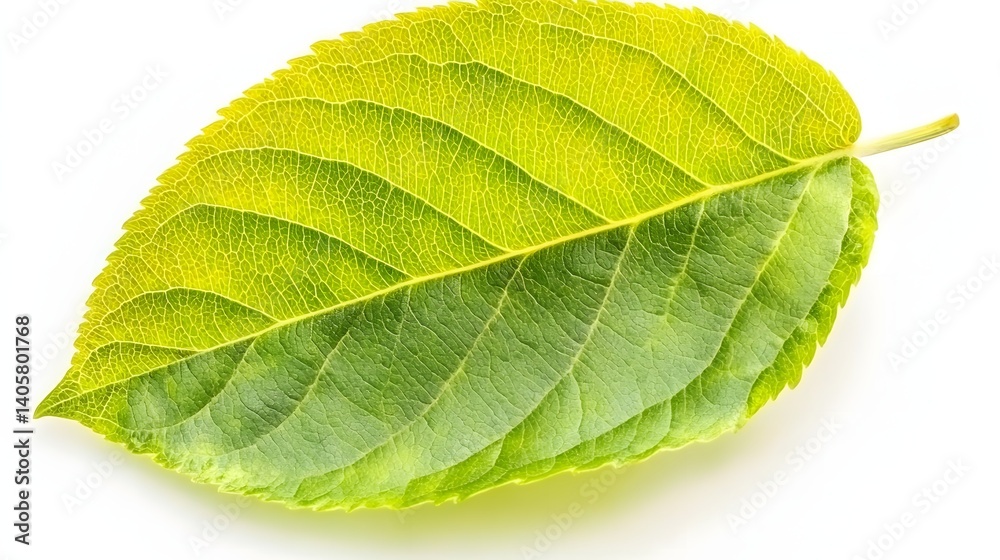 Obraz premium Close-Up of a Green Leaf with Intricate Texture and Natural Patterns on a White Background