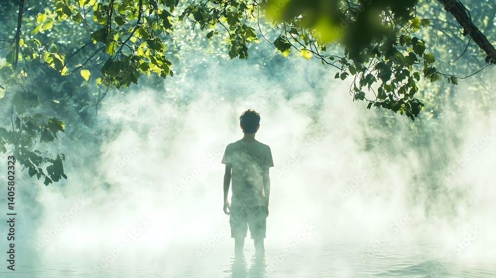 Obraz premium Solitary silhouetted figure standing amidst a refreshing outdoor scene of light mist and soft vibrant greenery The tranquil atmospheric ambiance evokes feelings of brightness freshness and vitality
