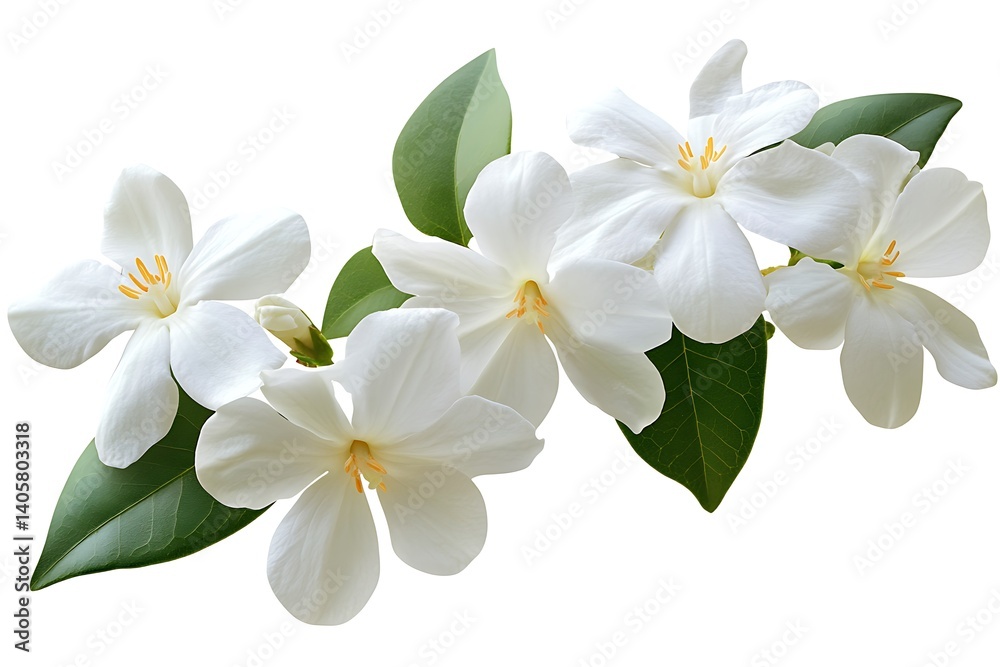 Fototapeta premium Exquisite Cluster White Gardenia Blossoms with Lush Green Leaves on White Backdrop