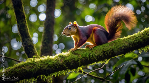  Indian giant squirrel An Indian giant squirrel perched high on a moss-covered tree branch 