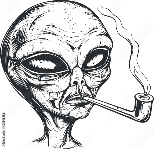 A vintage-style illustration of an alien character smoking a pipe in a surreal and humorous manner.