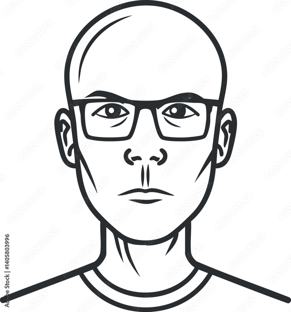 A minimalist line art illustration of a bald man wearing glasses with a serious expression. A minimalist line art illustration of a bald man wearing glasses with a serious expression.