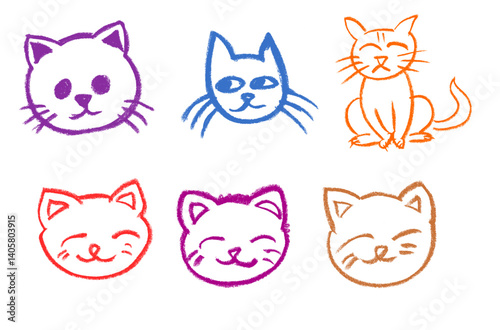Cat Head Crayon Chalk Drawing Vector Set