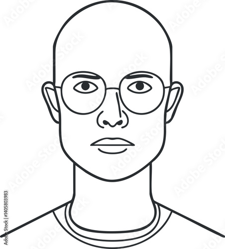 Minimalist line art portrait of a bald person wearing glasses with a neutral expression.