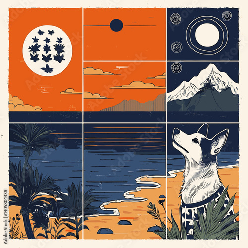 Dog Gazing at the Beach: A stylishly dressed dog gazes out to sea on a beautiful beach,  framed within a collage-style composition.