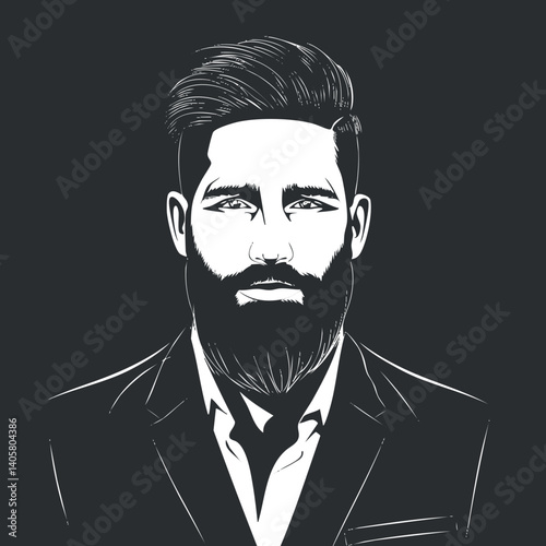 Stylized black and white portrait of a confident man with a beard in a suit.