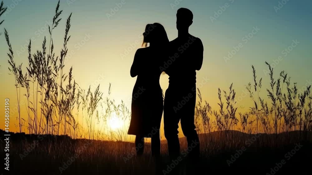Romantic Couple Silhouette Dancing Together in Field at Golden Hour Sunset Romantic Couple Silhouette Dancing Together in Field at Golden Hour Sunset