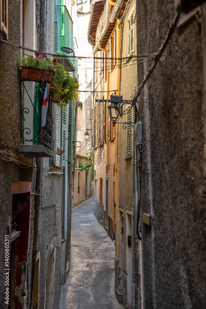 Fototapeta premium Picturesque Streets and Colorful Houses of Saorge Village: A Charming Snapshot of the Southern French Countryside