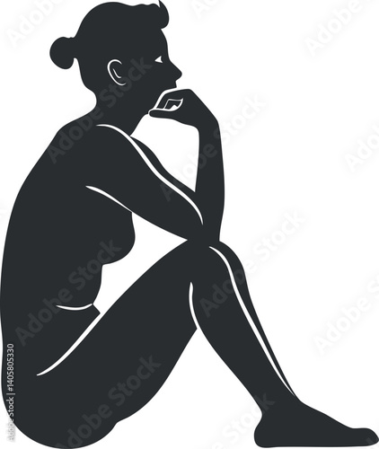 A minimalist silhouette of a seated female figure in a thoughtful pose, conveying contemplation.
