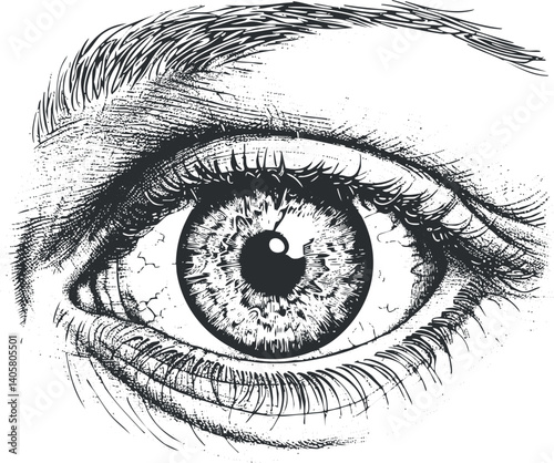 Detailed black and white sketch of a human eye showcasing intricate features and textures.