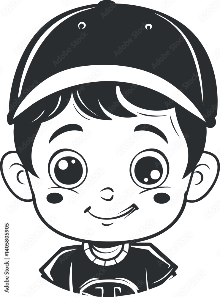 Cartoon illustration of a cheerful boy wearing a cap and smiling playfully. Cartoon illustration of a cheerful boy wearing a cap and smiling playfully.
