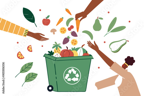 4 Food waste recycling, multiple hands dropping vegetables, green recycling bin, diverse ingredients, colorful produce, environmental awareness, sustainability concept, overhead view, white background