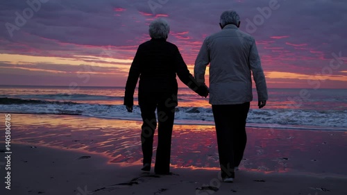 A serene video scene of an elderly couple walking hand in hand on a beach at sunset, captured from a low angle, emphasizing tranquility and companionship.