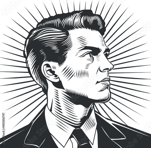 Stylized black and white illustration of a confident man in a suit with a determined expression.