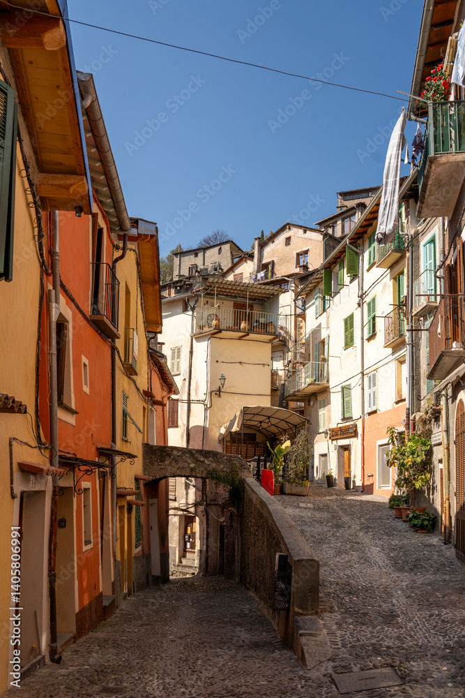 Fototapeta premium Picturesque Streets and Colorful Houses of Saorge Village: A Charming Snapshot of the Southern French Countryside