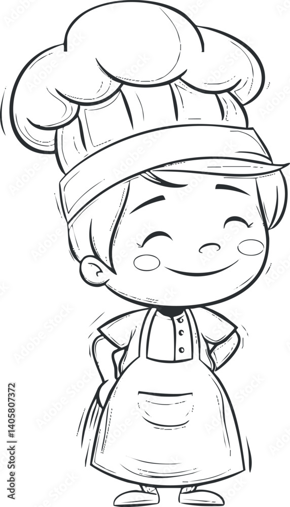 A cheerful young cartoon chef wearing an apron and hat, smiling in a playful kitchen setting. A cheerful young cartoon chef wearing an apron and hat, smiling in a playful kitchen setting.