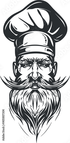 A vintage chef illustration featuring a bearded man wearing a chef hat and mustache.