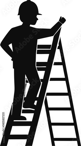 Silhouette Illustration Of A Construction Worker Climbing Ladder Wearing Hard Hat,Isolated On White Background,Occupation Concept