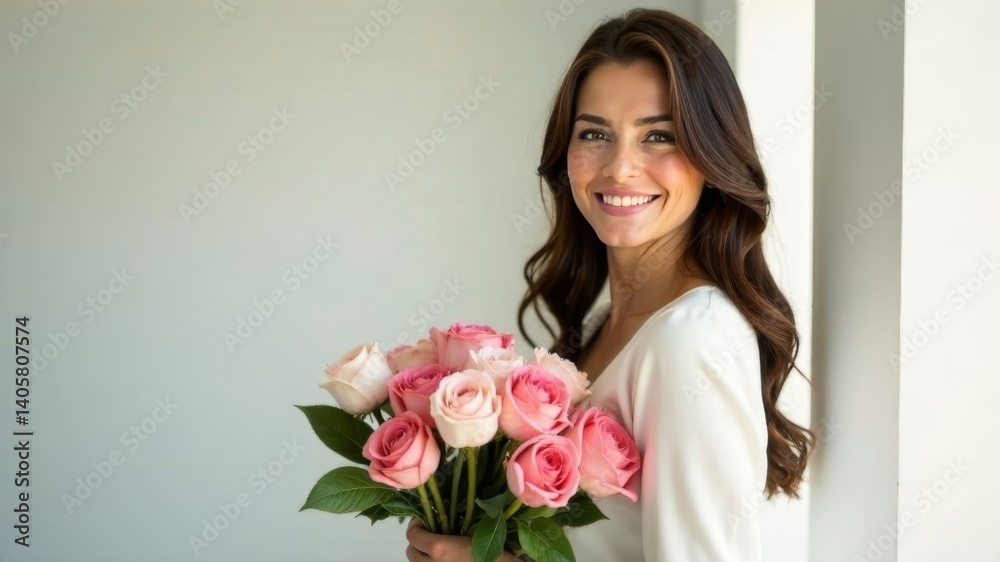 smiling girl with a bouquet of flowers stands against a light wall. smiling girl with a bouquet of flowers stands against a light wall.