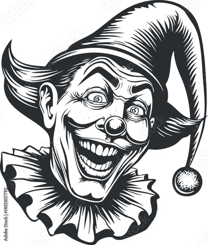 A whimsical black and white illustration of a cheerful clown with exaggerated features and a playful expression.