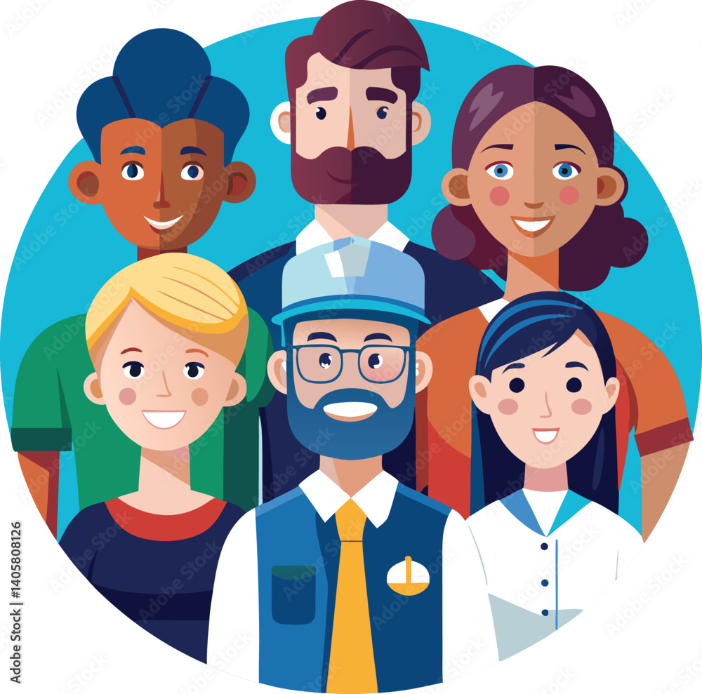 Diverse Group of working People Smiling Together in a Friendly Cartoon Illustration