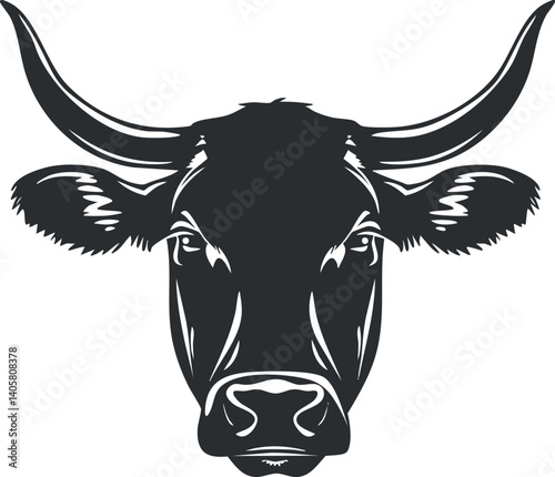 Illustration of a cow head in a minimalist black and white style suitable for farm themes