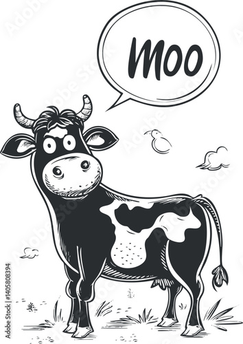 A cartoon cow saying moo in a speech bubble, perfect for farm-themed illustrations.