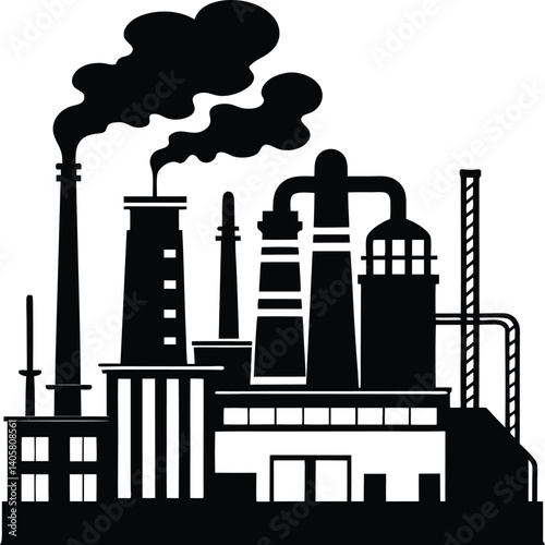 Black Silhouette Of Industrial Factory With Smoke Illustration For Environmental Design And Pollution Concepts
