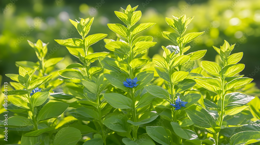 Vibrant green foliage bathed in sunlight, showcasing delicate blue flowers blooming in a lush garden setting. Vibrant green foliage bathed in sunlight, showcasing delicate blue flowers blooming in a lush garden setting.