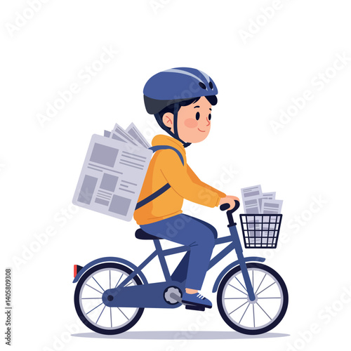 A young boy delivering newspapers on a bicycle, wearing a helmet in a cheerful flat vector illustration